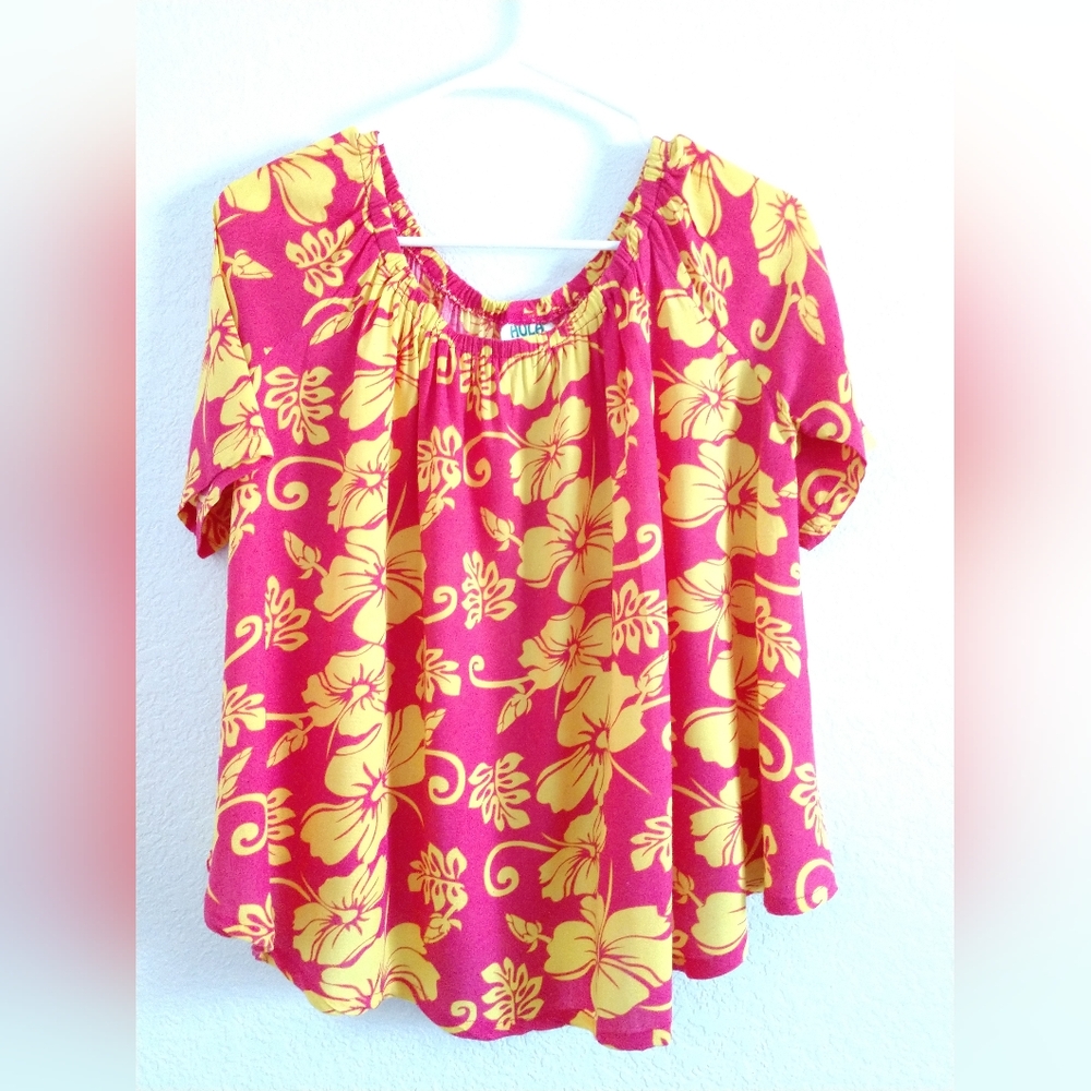 Cute Hula Mama Maternity Shirt Off Shoulder Hawaiian Floral Pink Yellow Small